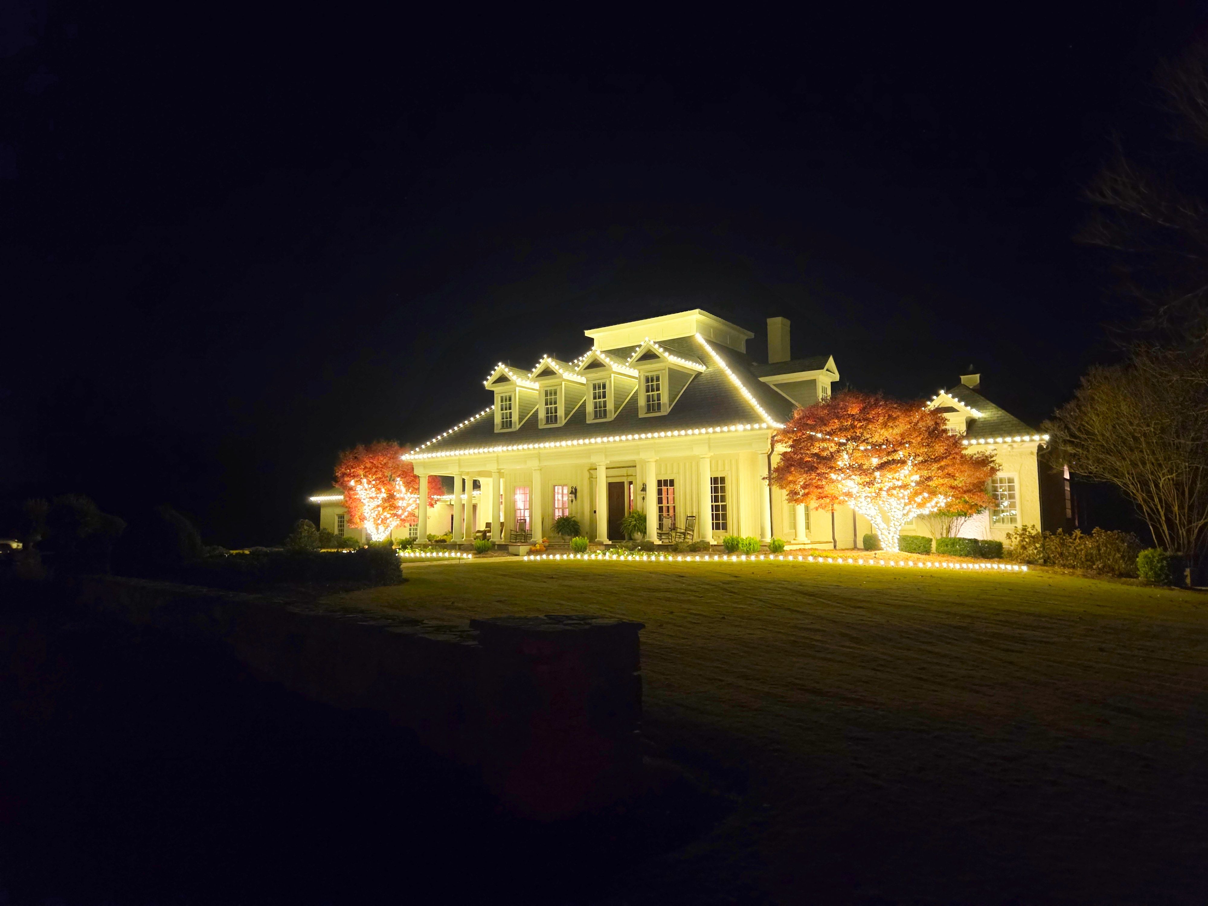 Warm white roofline Christmas lights on a large columned home with wrapped Japanese maples and a lit walkway